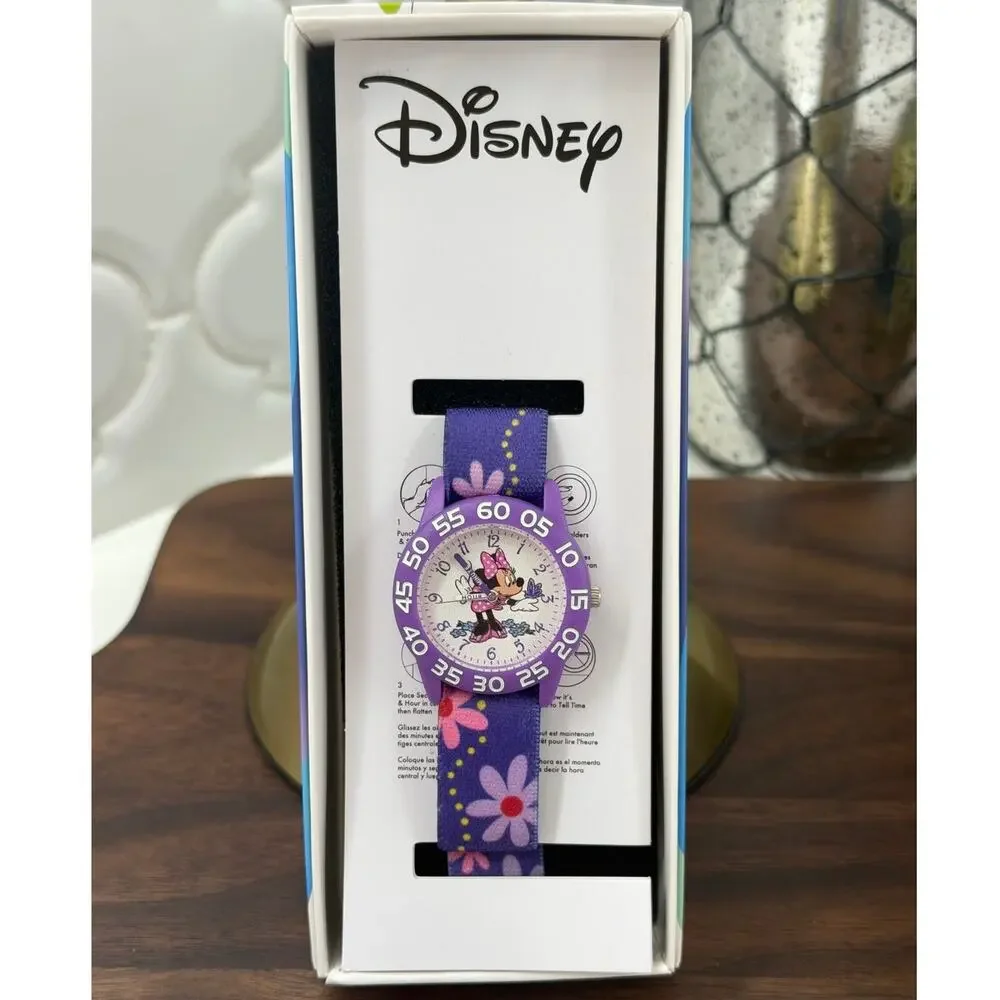 Disney Minnie Mouse Girls Time Teacher Watch Purple Floral Nylon Strap New